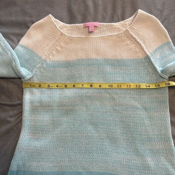 Lilly Pulitzer Nantucket TEAL & WHITE 3/4 Sleeve Scoop Neck Sweater Beachy SZ S - Picture 9 of 10